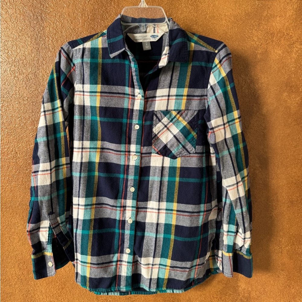 Old Navy Blue White Green Yellow Orange Plaid Flannel Classic Shirt Size Small